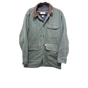 Barn Girl Farm Clothes Green Canvas Jacket Leather Collar Size S Plaid Lining Em